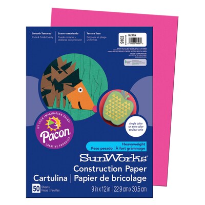 Pacon SunWorks 9" x 12" Construction Paper, Hot Pink, 50 Sheets/Pack, 10 Packs (PAC9103-10)