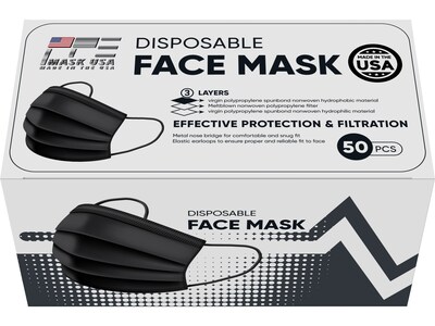PPE Mask USA Disposable Surgical Face Mask, 3-Ply, Adult, Black, 50/Box (SMN200057)