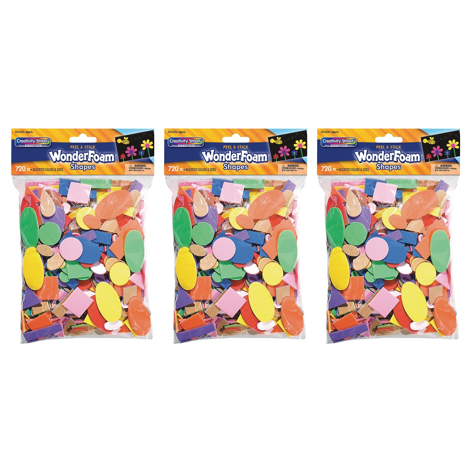 Creativity Street WonderFoam Peel & Stick Shapes, Assorted Shapes, Colors & Sizes, 720 Pieces/Pack, 3 Packs (CK-4308-3)