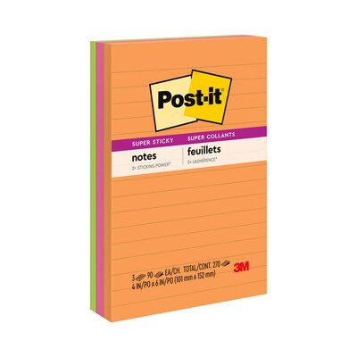 Post-it® Super Sticky Notes, 4" x 6", Energy Boost Collection, Lined, 90  Sheets/Pad, 3 Pads/Pack (66 | Quill.com