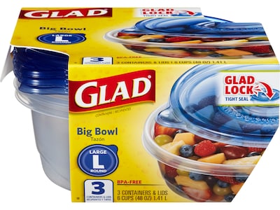 Glad Big Bowl 48 Oz. Plastic Container with Lid, Round, Clear/Blue, 3/Box (BBG10691)