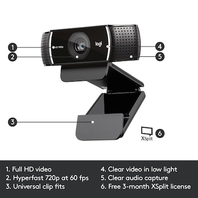Logitech C922 Pro Stream Webcam 1080P Camera for HD Video Streaming, Black  | Quill.com