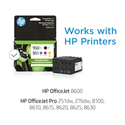 HP 950XL/951 Black High Yield and Cyan/Magenta/Yellow Standard Yield Ink Cartridge, 4/Pack (C2P01FN#140)