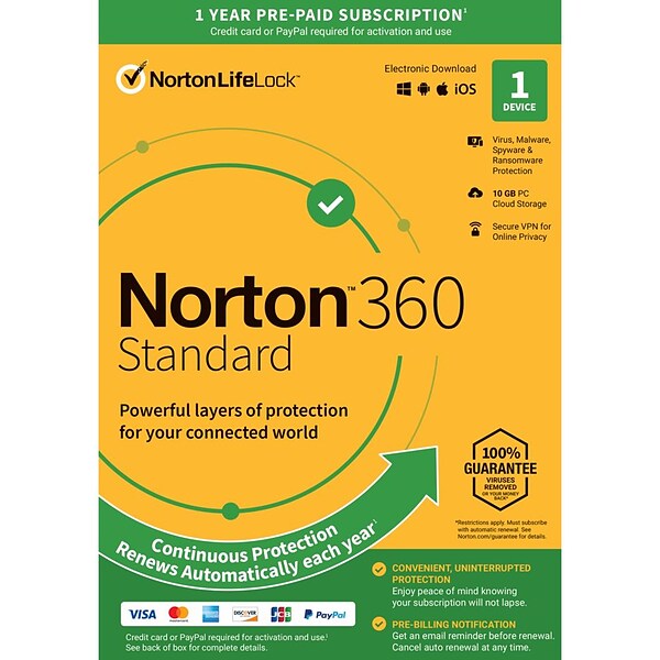 Norton 360 Standard for 1 Device, Windows/Mac/Android/iOS, Product Key Card  (21392075) | Quill.com