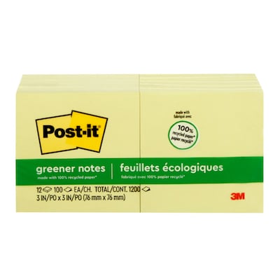 Post-it Greener Recycled Notes, 3" x 3", Canary Collection, 100 Sheet/Pad, 12 Pads/Pack (654-RP-YW)