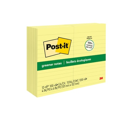 Post-it Greener Recycled Notes, 4 x 6, Canary Collection, Lined, 100 Sheet/Pad, 12 Pads/Pack (660R