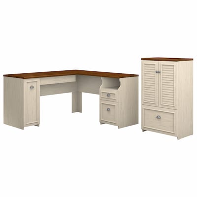 Bush Furniture Fairview 60"W L Shaped Desk and 2 Door Storage Cabinet with File Drawer, Antique White/Tea Maple (FV009AW)