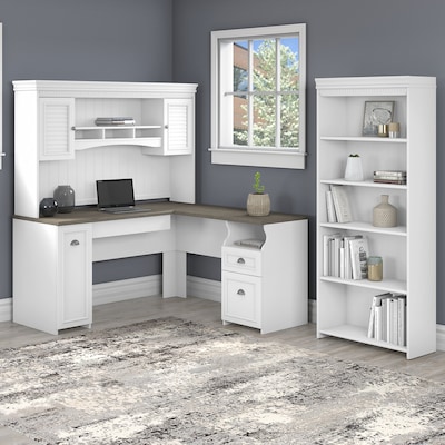 Bush Furniture Fairview 60 L-Shaped Desk with Hutch and 5-Shelf Bookcase, Shiplap Gray/Pure White (
