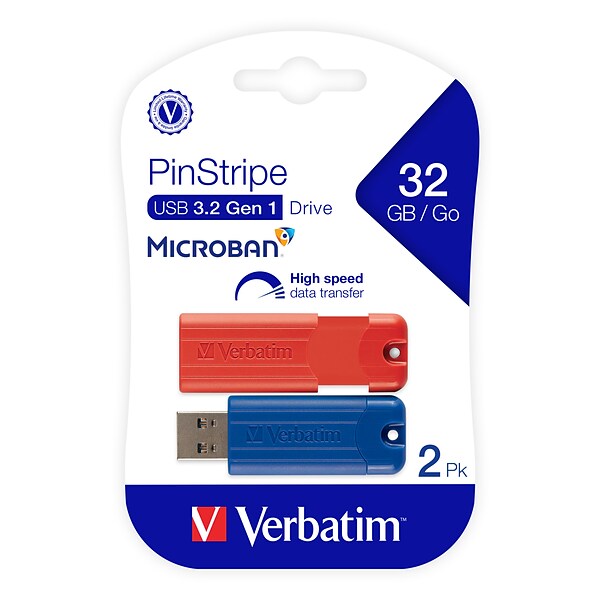 Verbatim PinStripe 32GB USB 3.2 Gen 1 Flash Drive, 2/Pack (70056) |  Quill.com