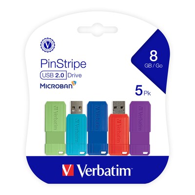 Verbatim PinStripe 8GB USB 2.0 Type A Flash Drive, Assorted Colors, 5/Pack (99146)