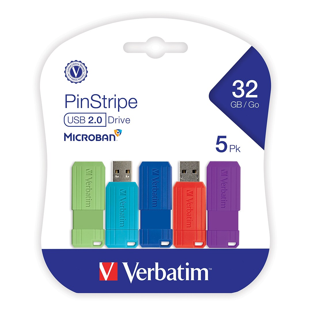 Verbatim PinStripe 32GB USB 2.0 Flash Drive, Assorted, 5/Pack (70055) |  Quill.com