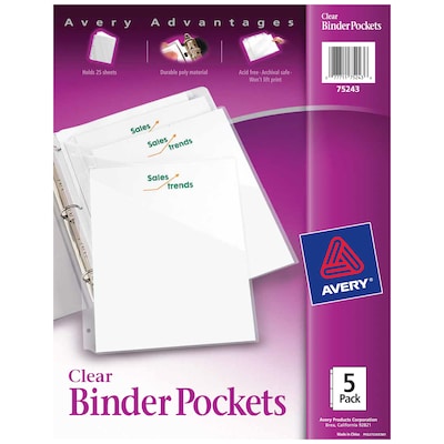 Avery Binder Pockets for 3-Ring Binders, Clear, Fits 8 1/2 x 11 Paper, 5/Pack (75243)