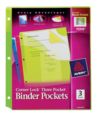 Avery Corner Lock 3 Pocket Plastic Binder Pocket, 9 1/4 x 11 1/4, Multicolor, 3/Pack (75310)