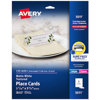 Avery Textured 1.44" x 3.75" White Matte Table Cards, Inkjet/Laser, 150/Pack (5011)