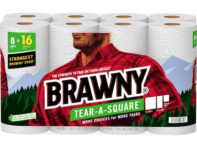 Brawny Tear-A-Square Paper Towels, 2-ply, 120 Sheets/Roll, 8 Rolls/Pack (443665)