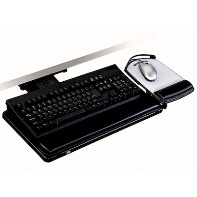 3M Knob Adjust Keyboard Tray, 26.75 x 10.5 Adjustable Platform, 17.75 Track, Black, Wrist Rest an