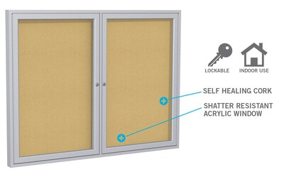 Ghent 4' H x 6' W Enclosed Natural Cork Bulletin Board with Satin Frame, 3 Door (PA34872K)