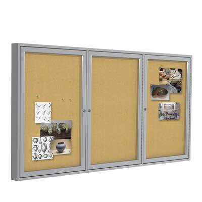Ghent 4' H x 6' W Enclosed Natural Cork Bulletin Board with Satin Frame, 3 Door (PA34872K)