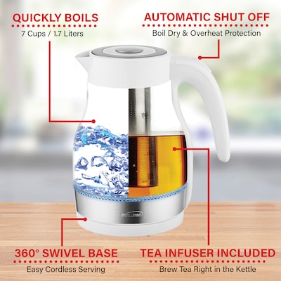 Brentwood Cordless Glass Electric Kettle with Tea Infuser and Swivel Base, 1.79-Qt., White (KT-1962W)