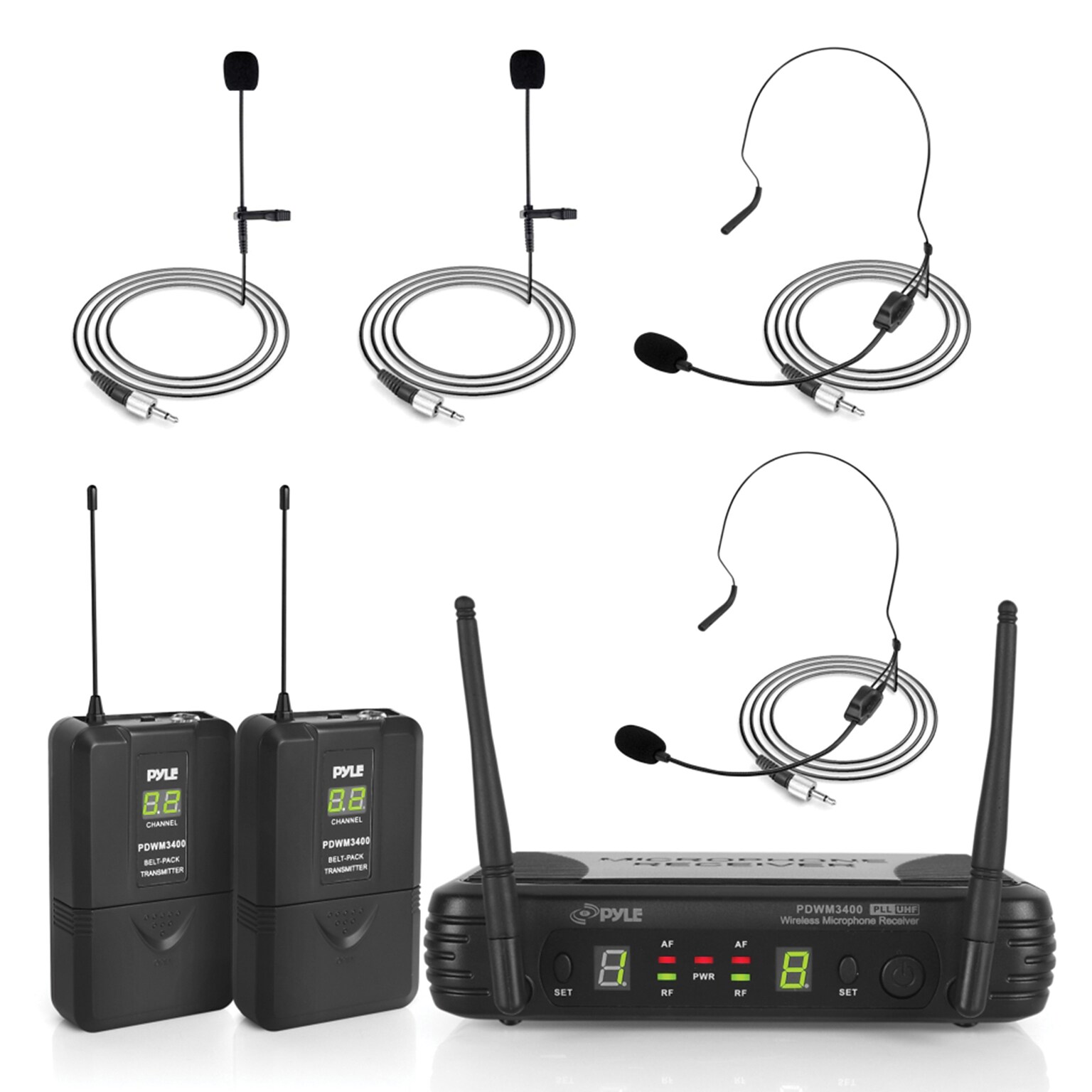 Pyle Premier Series Professional UHF Wireless Microphone System with 2 Body Packa, 2 Lavaliera, and 2 Headsets (PDWM3400)