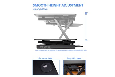Rocelco 46"W 5"-20"H Large Adjustable Standing Desk Converter with Anti Fatigue Mat, Black (R DADRB-46-MAFM)