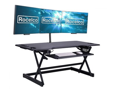 Rocelco 46W Adjustable Standing Desk Converter with ACUSB Charger and Triple Monitor Mount, Black (
