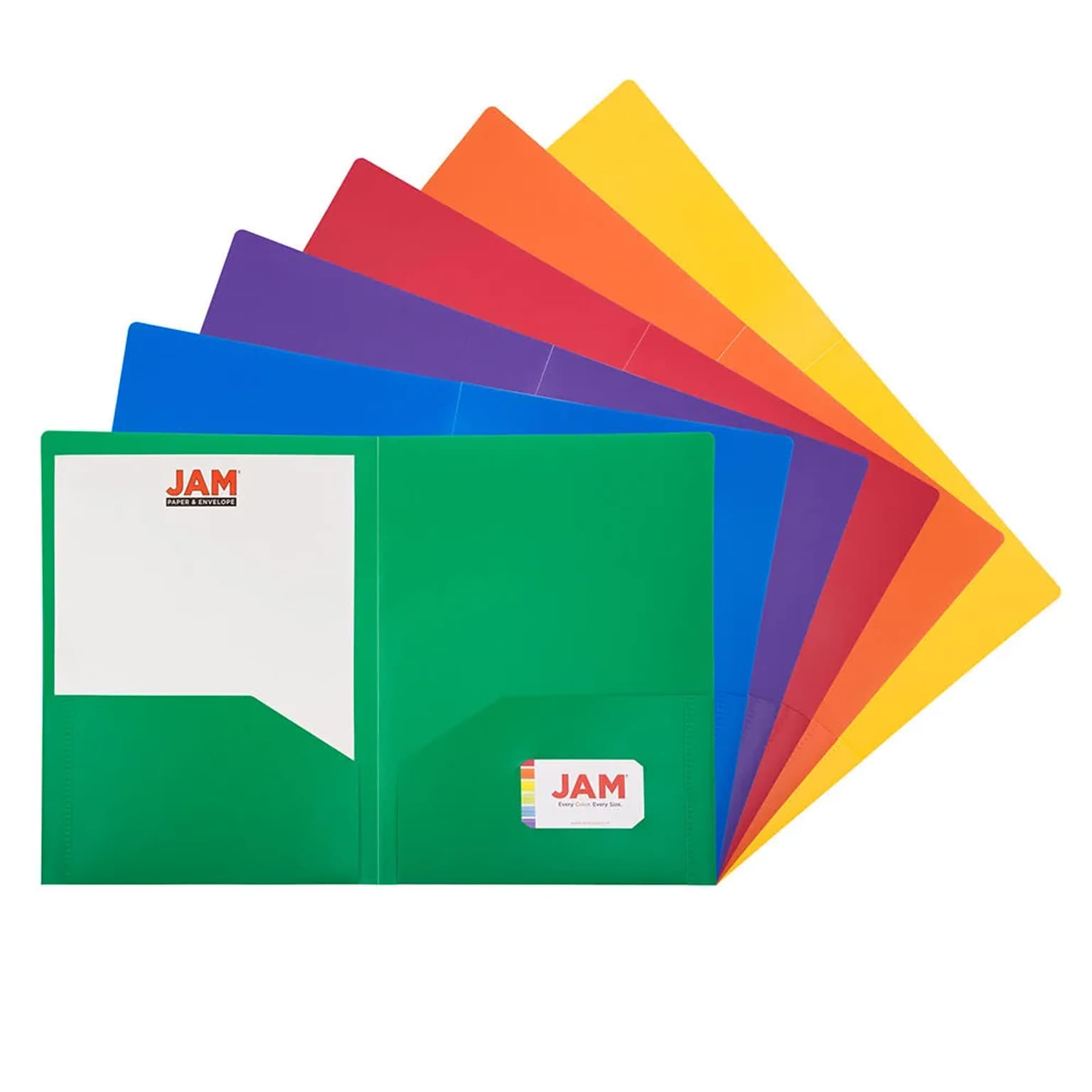 JAM Paper A4 Heavy Duty 2-Pocket Plastic Presentation Folders, Multicolored, Assorted Primary Colors, 6/Pack (383HASRTPRA4)