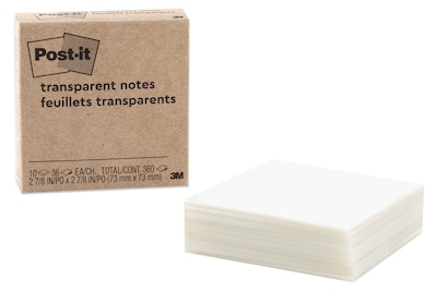 Post-it Transparent Notes, 2.8" x 2.8", Assorted Collection, 30 Sheet/Pad, 10 Pads/Pack (600-TRSPT-10P)