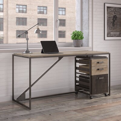 Bush Furniture Refinery 62"W Industrial Desk with 3 Drawer Mobile File Cabinet, Rustic Gray/Charred Wood (RFY005RG)