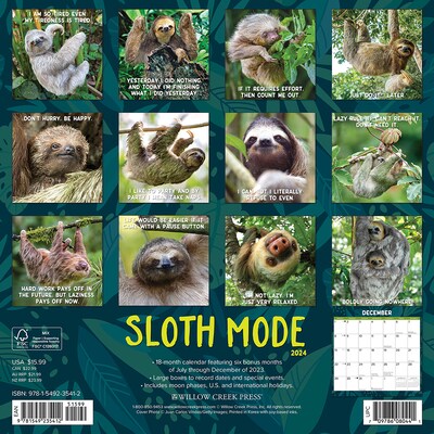 2024 Willow Creek Sloth Mode 12 x 12 Monthly Wall Calendar, Multicolor (35412)