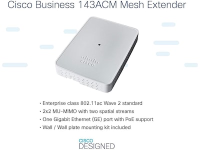 Cisco 100 802.11ac 2x2 Wave 2 Mesh Extender, Wall-Plug, Gray (CBW143ACM-B-NA)