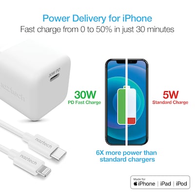 Naztech 30-Watt Power Delivery Wall Charger with 6-ft. USB-C to MFI Lightning Cable, White (15544)