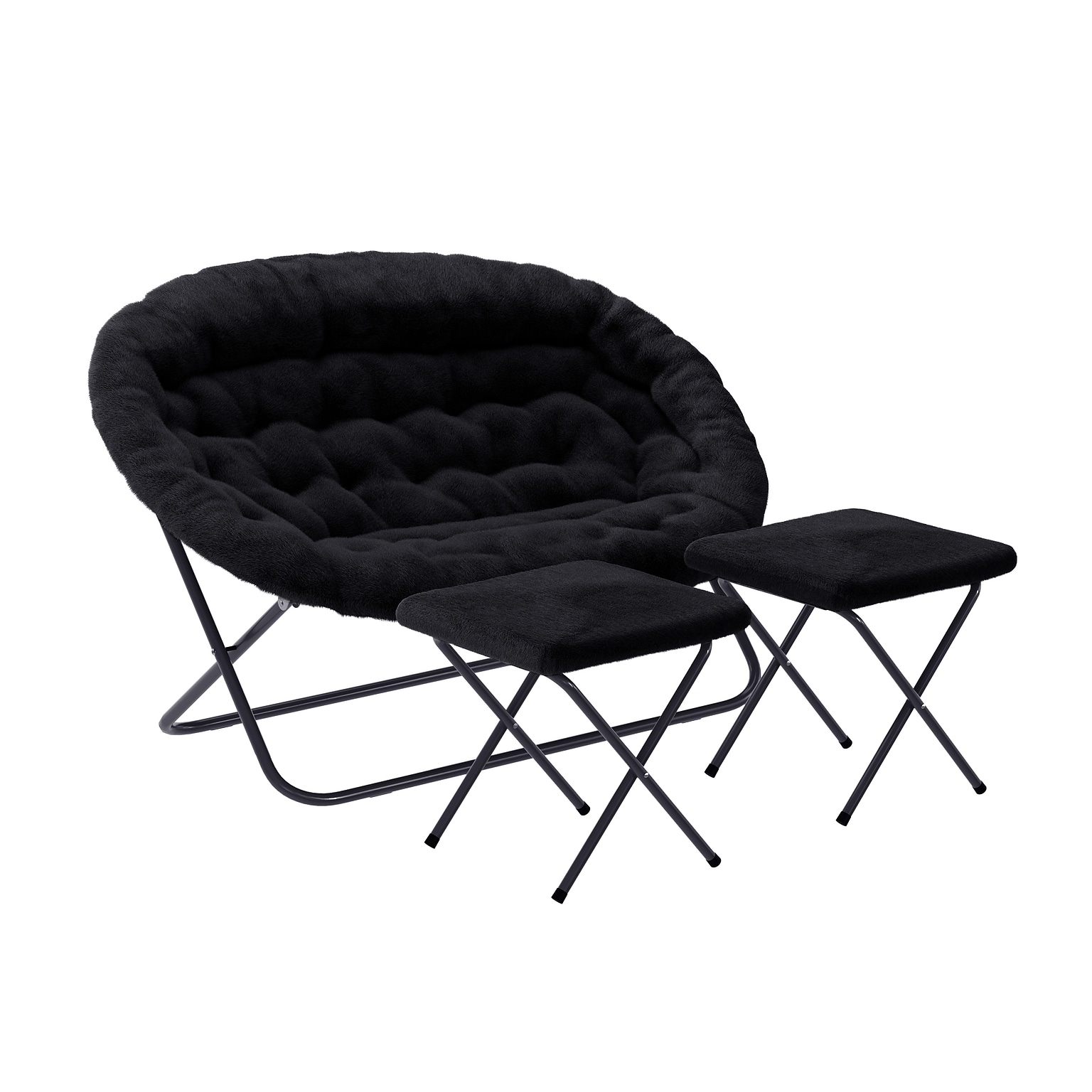 Flash Furniture Eleanor Faux Fur Folding Double Saucer Chair with 2 Ottomans, Black (FVFDS0012FBKBK)