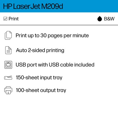 HP LaserJet M209d Black & White Laser Printer, Automatic 2-Sided Printing, USB cable included, Best for Home Office (8J9L0F)