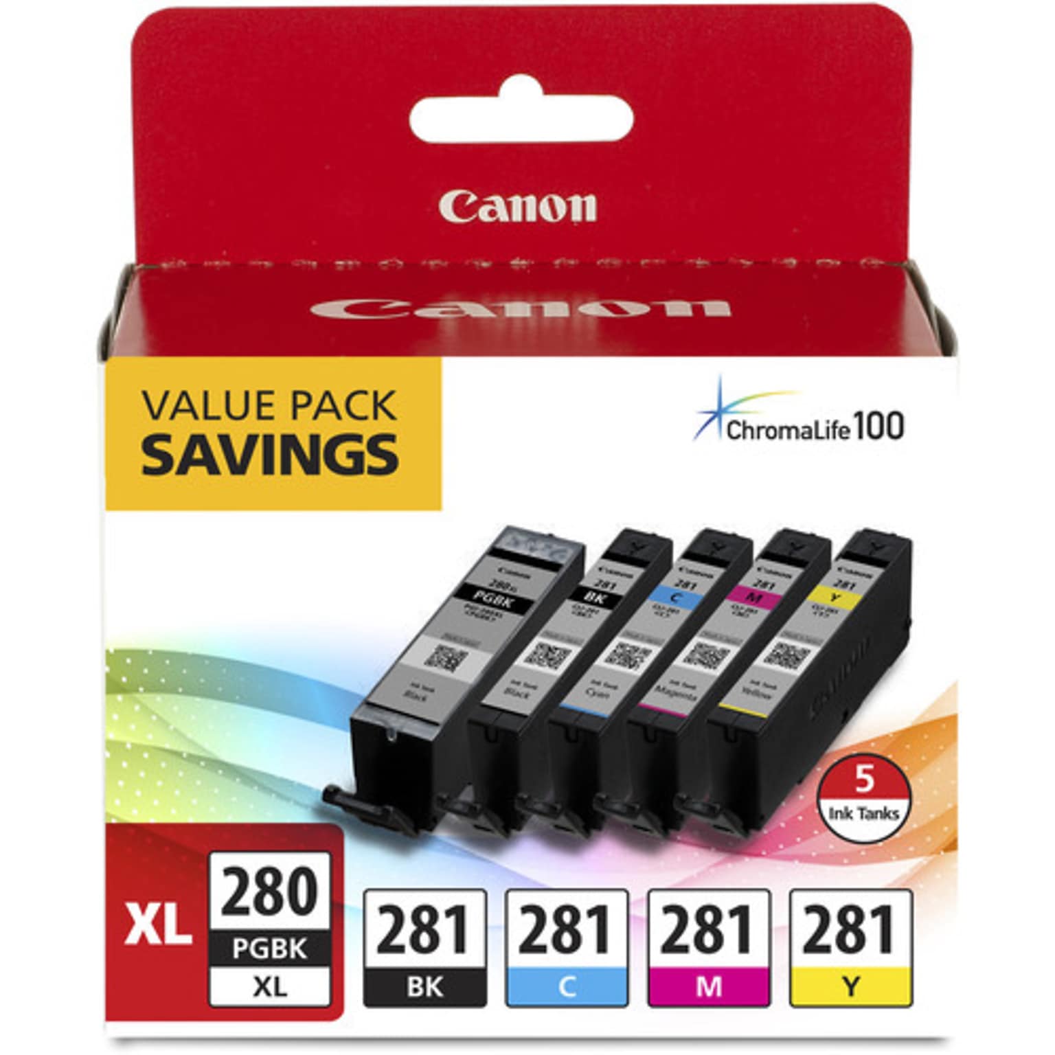 Canon 280XL/281 Black High Yield and Photo Black/Cyan/Magenta/Yellow Standard Yield Ink Cartridge, 5/Pack   (2021C007)