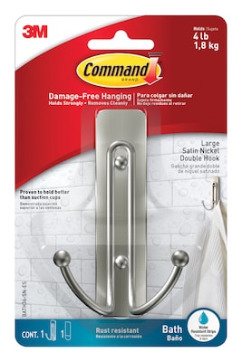 Command Large Bathroom Hook, Satin Nickel, 1 Hook, 1 Large Water-Resistant Strip/Pack (BATH36-SN-ES)