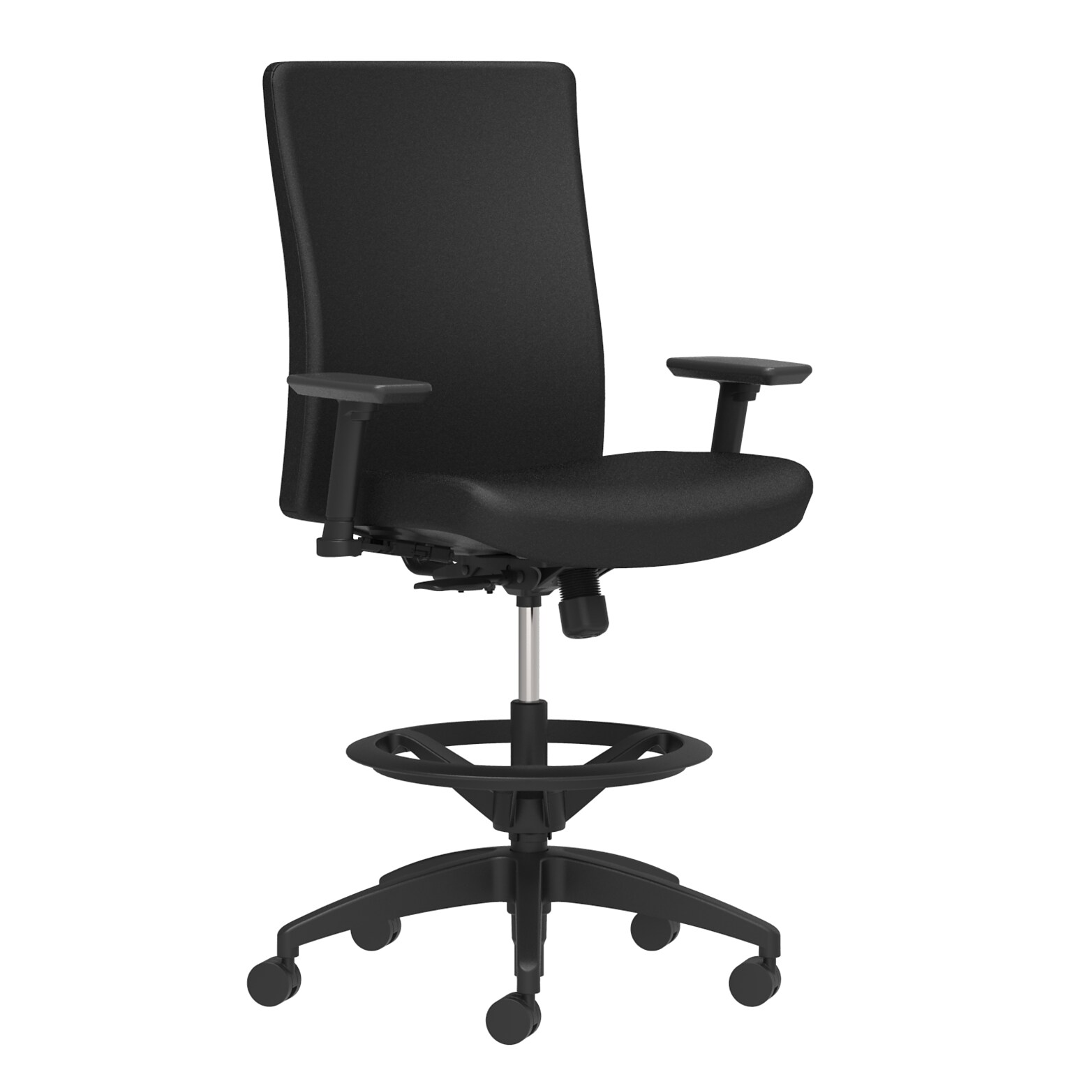 Union & Scale Workplace2.0™ Task Stool Upholstered 2D Adjustable Arms Black Fabric Limited Synchro Tilt