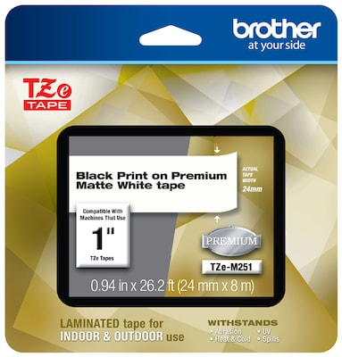 Brother P-touch TZe-M251 Laminated Premium Label Maker Tape, 1" x 26-2/10', Black on Matte White (TZe-M251)