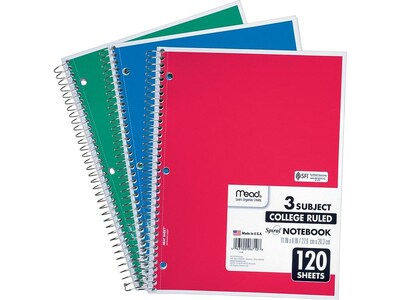 Mead Spiral 3-Subject Notebooks, 8.5 x 11, College Ruled, 120 Sheets, Assorted Colors, Each (06710
