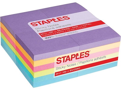 Staples® Notes, 3 x 3, Sorbet Collection, 100 Sheet/Pad, 24 Pads/Pack (S-33BO24)