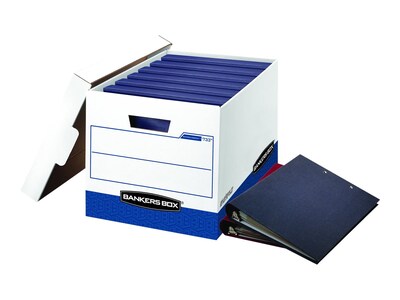 Bankers Box Heavy-Duty FastFold Corrugated File Storage Boxes, Lift-Off Lid, Binder Size, White/Blue