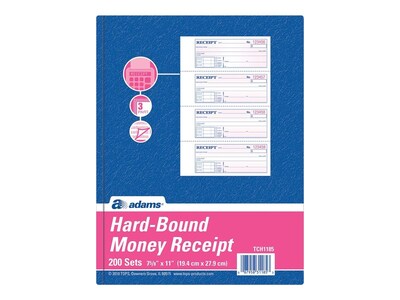 Adams 3-Part Carbonless Receipts Hardbound Book, 2.75L x 7W, 200 Forms/Hardbound Book (TCH1185)
