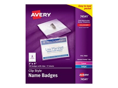 Avery Id Badge Holders, Clear With White Inserts, 100 Box (74541 