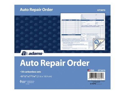 Adams 3-Part Carbonless Auto Repairs, 8.5L x 7.44W, 50 Sets/Book (GT3870)