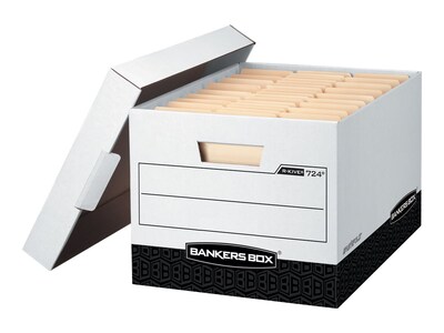 Bankers Box R-Kive® Heavy-Duty FastFold File Storage Boxes, Lift-Off Lid, Letter/Legal Size, White/Black, 12/Carton (00724)