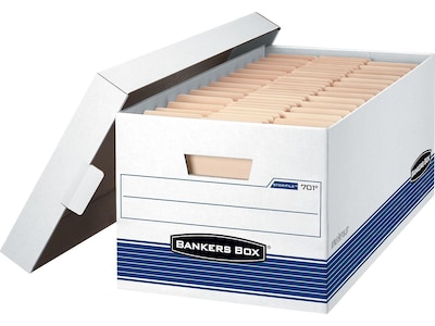 Bankers Box Medium-Duty FastFold Corrugated File Storage Boxes, Lift-Off Lid, Letter Size, White/Blue, 12/Carton (00701)