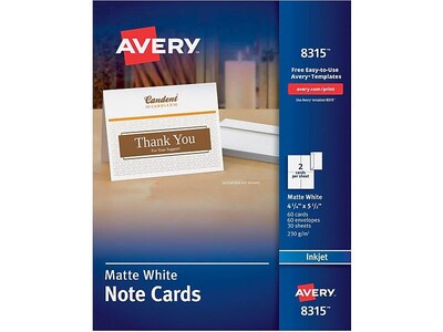 Avery Note Cards with Envelopes, Matte White, 4.25 x 5.5, Inkjet, 60/Pack (08315)