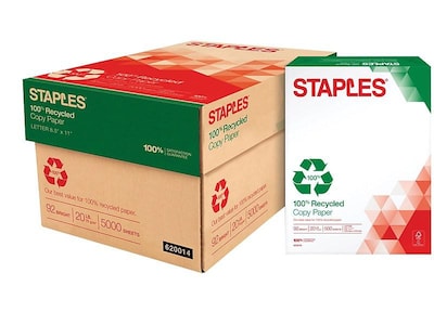 Staples Recycled Copy Paper, 8.5 x 11, 20 lbs., White, 500 Sheets/Ream, 10 Reams/Carton (620014)