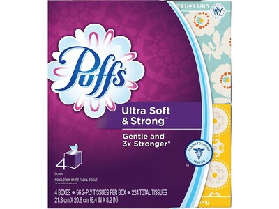 Puffs Ultra Soft & Strong Standard Facial Tissues, 2-Ply, 56 Sheets/Box, 4 Boxes/Pack (35295)