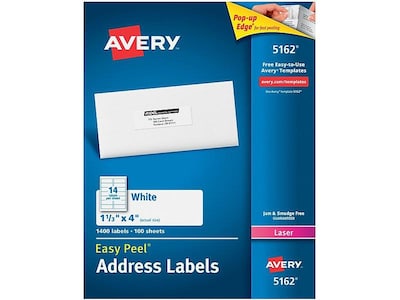 Avery Easy Peel Laser Address Labels, 1 1/3" x 4", White, 14/Sheet, 100 Sheets/Pack, 5 Packs/Carton (5162CT)
